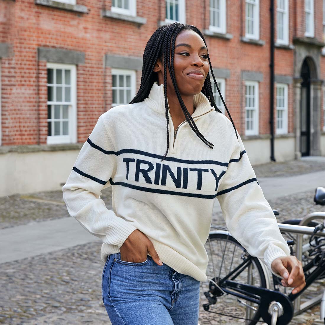 Trinity Jacquard Knitted 1/4 Zip - Cream & Navy