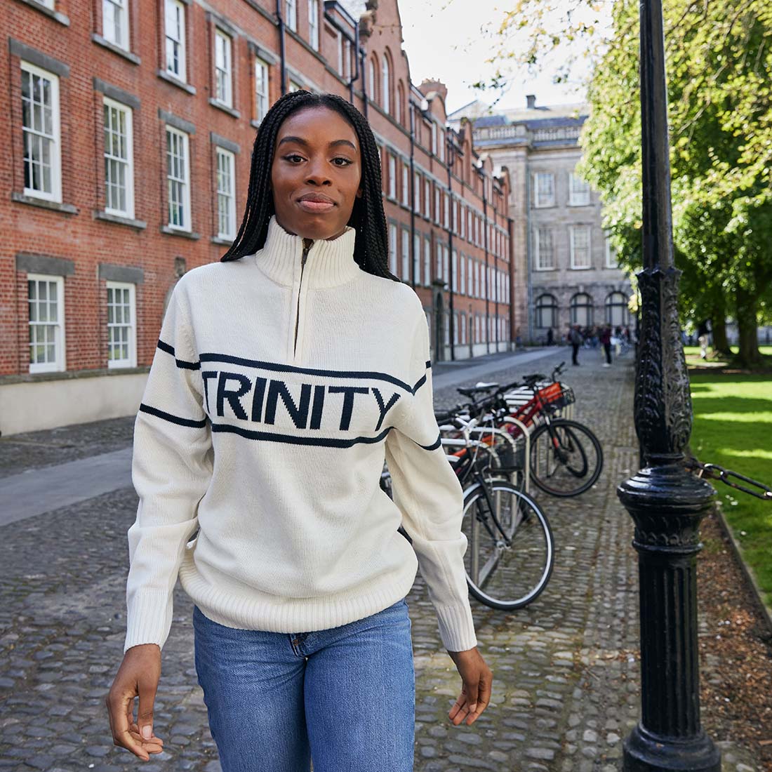 Trinity Jacquard Knitted 1/4 Zip - Cream & Navy