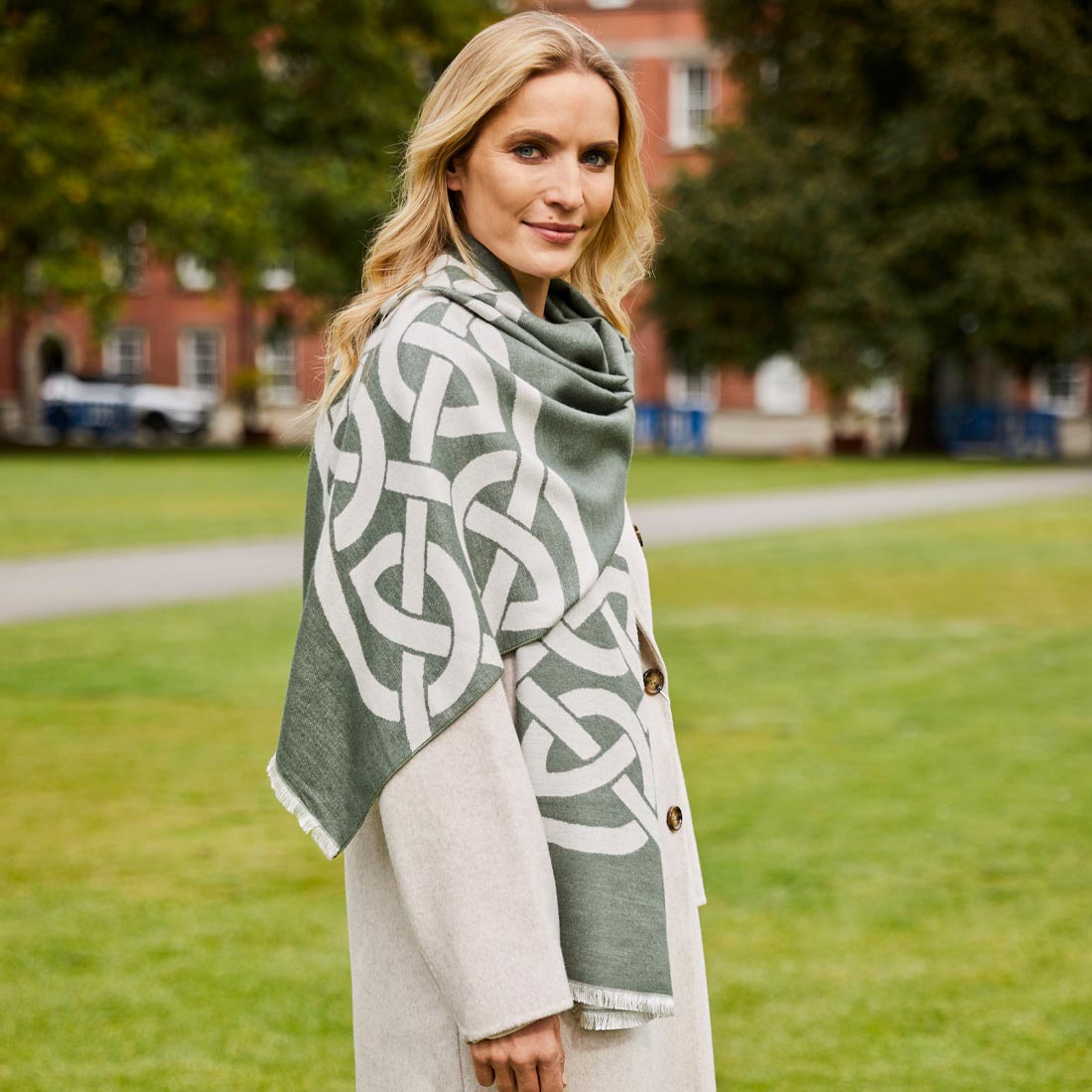 Celtic Knot Reversible Scarf - Thyme Green & Grey
