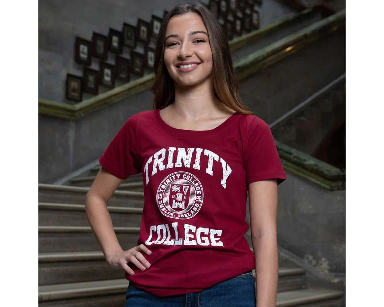 Trinity College Dublin Crest Ladies T-Shirt Burgundy & White