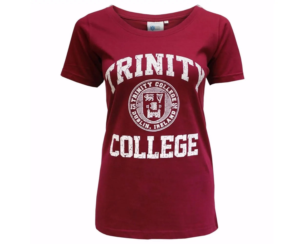 Trinity College Dublin Crest Ladies T-Shirt Burgundy & White