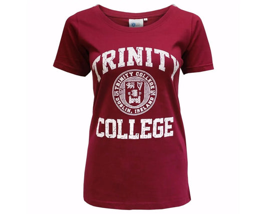 Trinity College Dublin Crest Ladies T-Shirt Burgundy & White