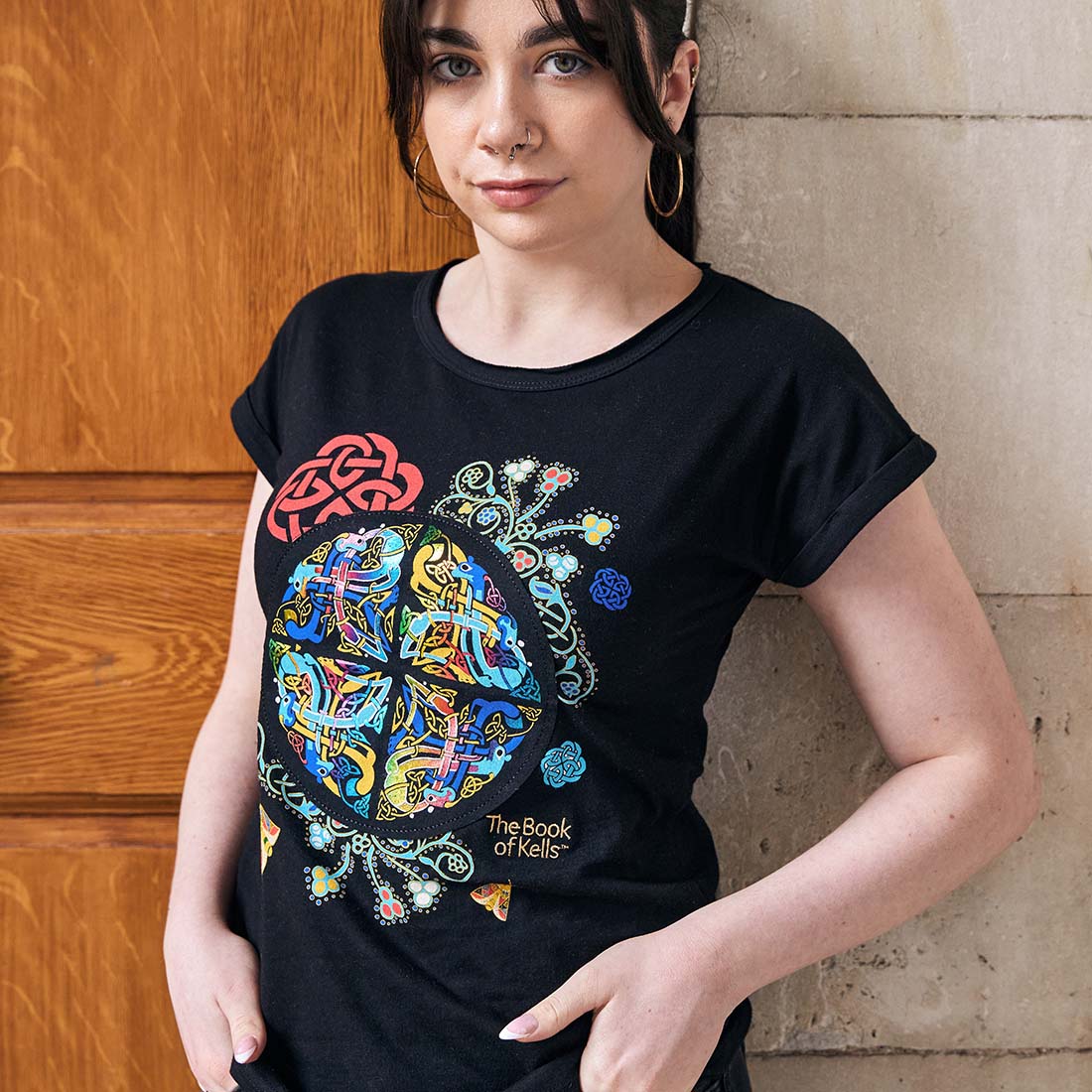 Book Of Kells Ladies T-Shirt Black Multi Coloured