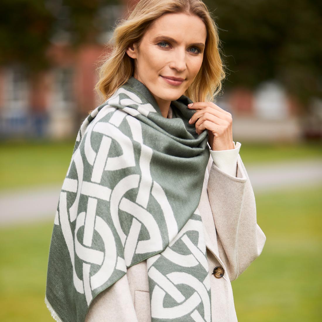 Celtic Knot Reversible Scarf - Thyme Green & Grey