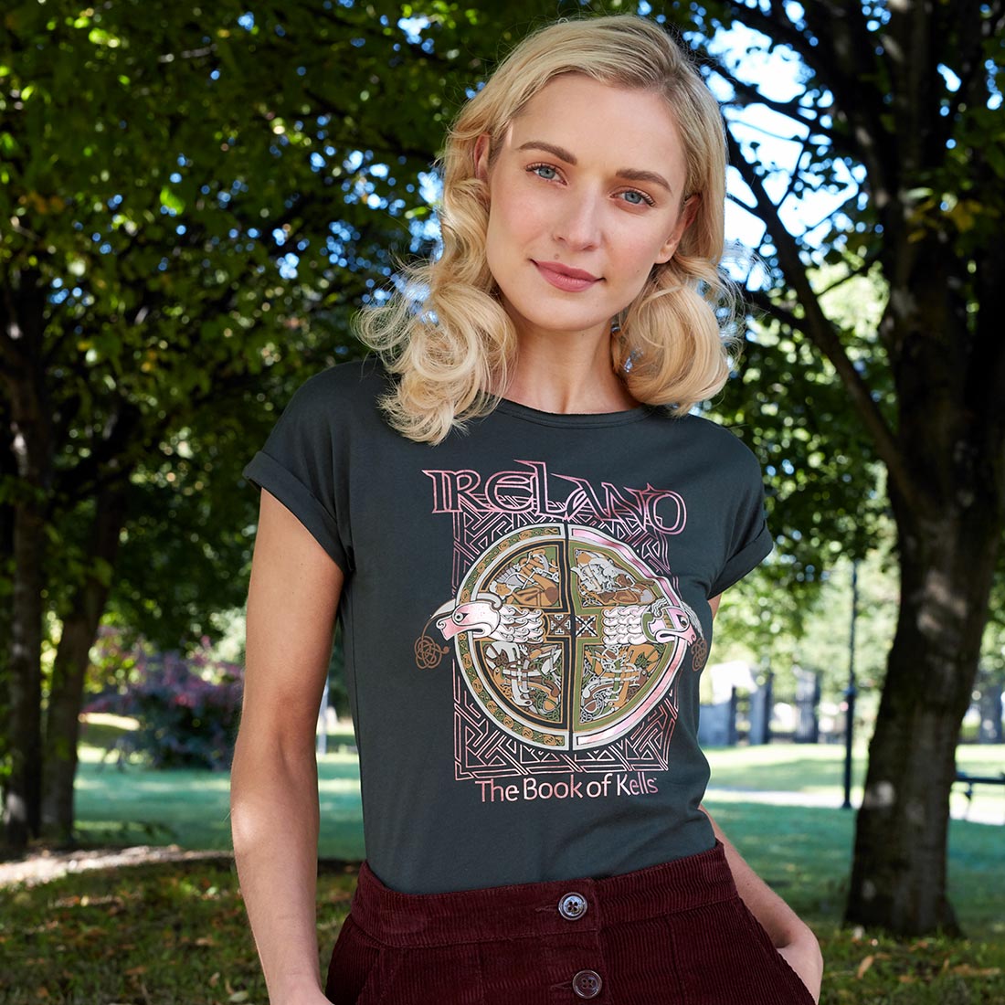 Book of Kells Ladies T-shirt Bottle Green Ireland Rose Gold