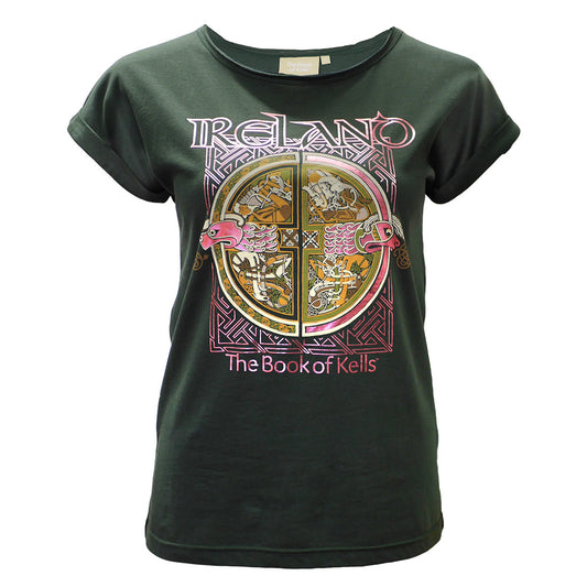 Book of Kells Ladies T-shirt Bottle Green Ireland Rose Gold