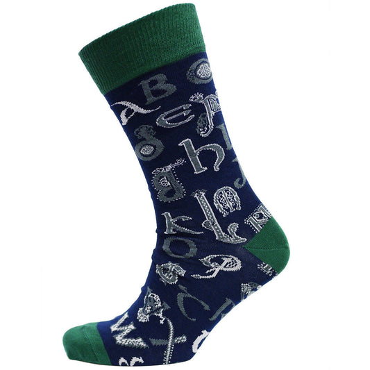 Book Of Kells Celtic Alphabet Men's Sock Navy & Green