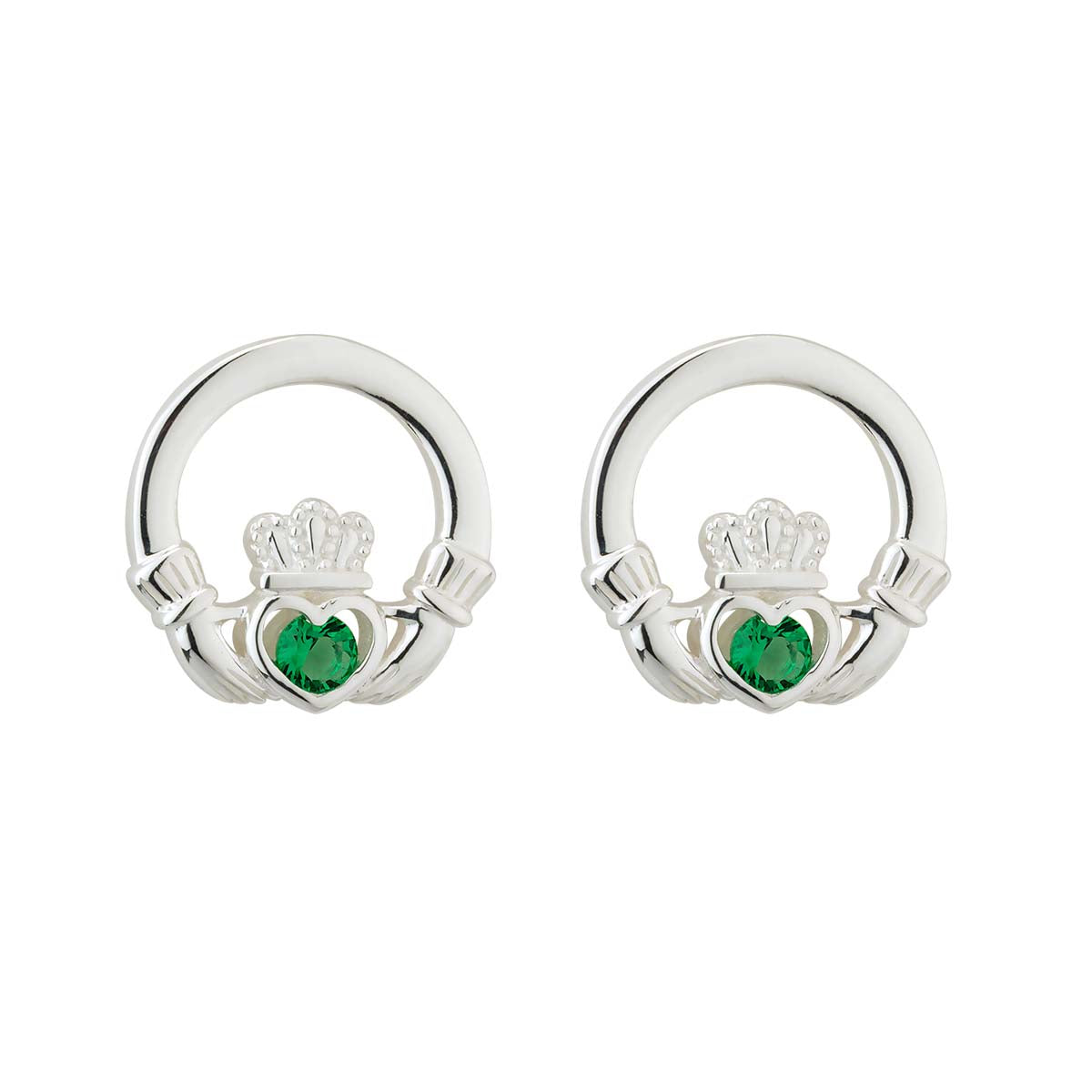 Silver Green Crystal Claddagh Stud Earrings