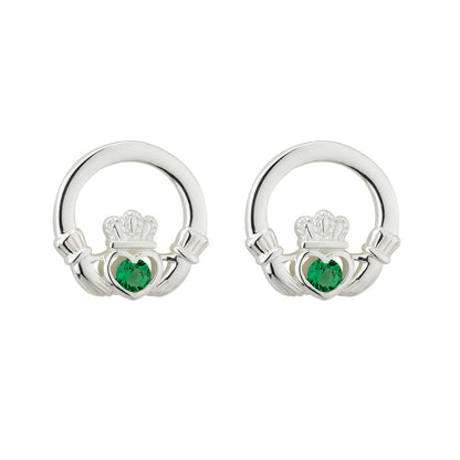 Silver Green Crystal Claddagh Stud Earrings
