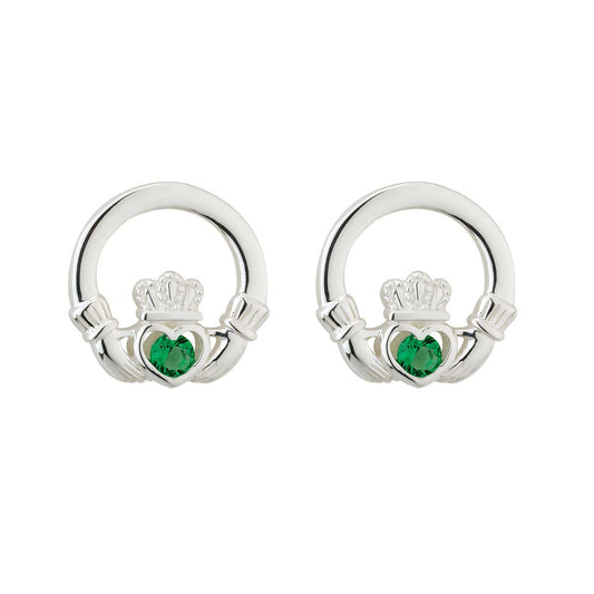 Silver Green Crystal Claddagh Stud Earrings
