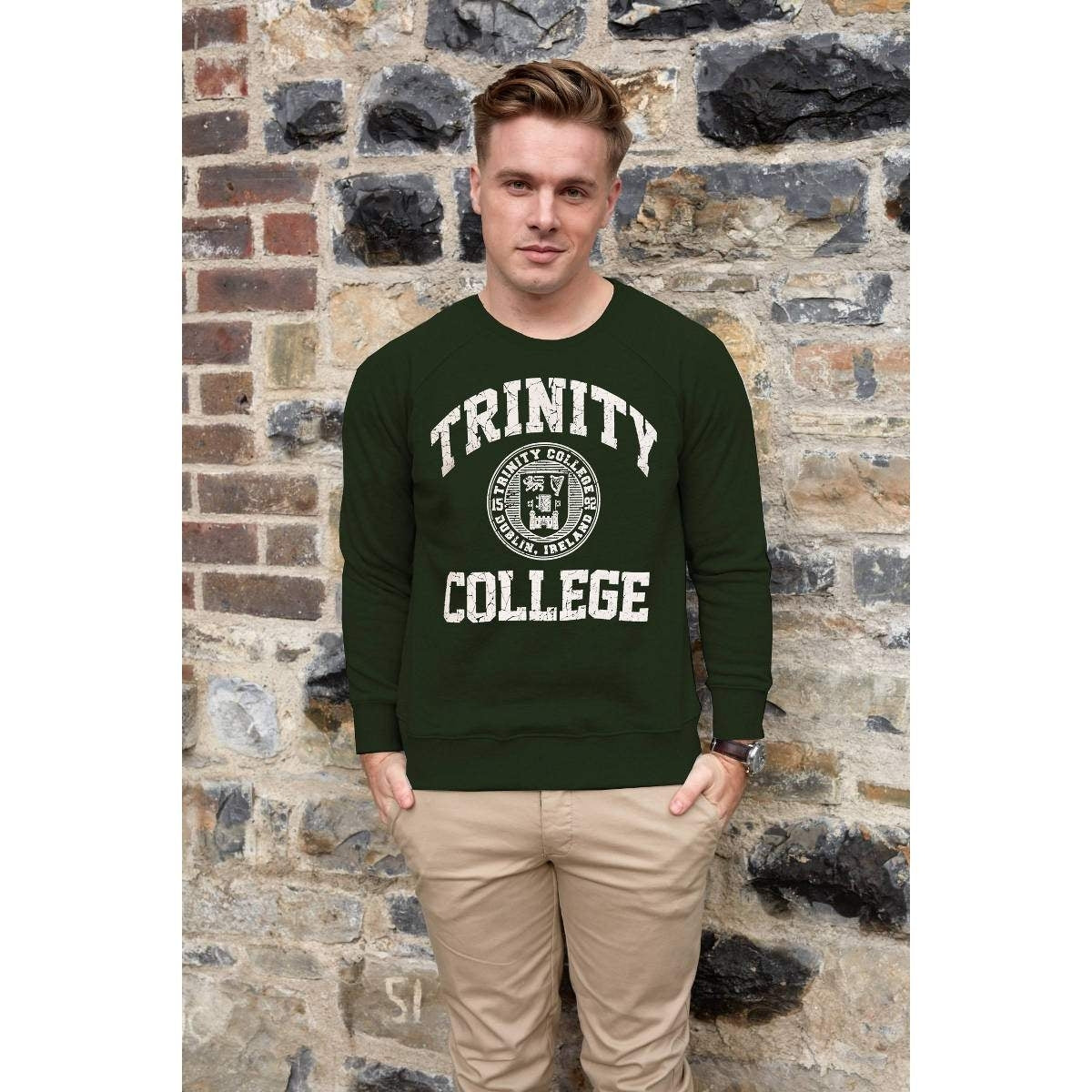 Trinity College Dublin Crest Sweatshirt Bottle Green & White