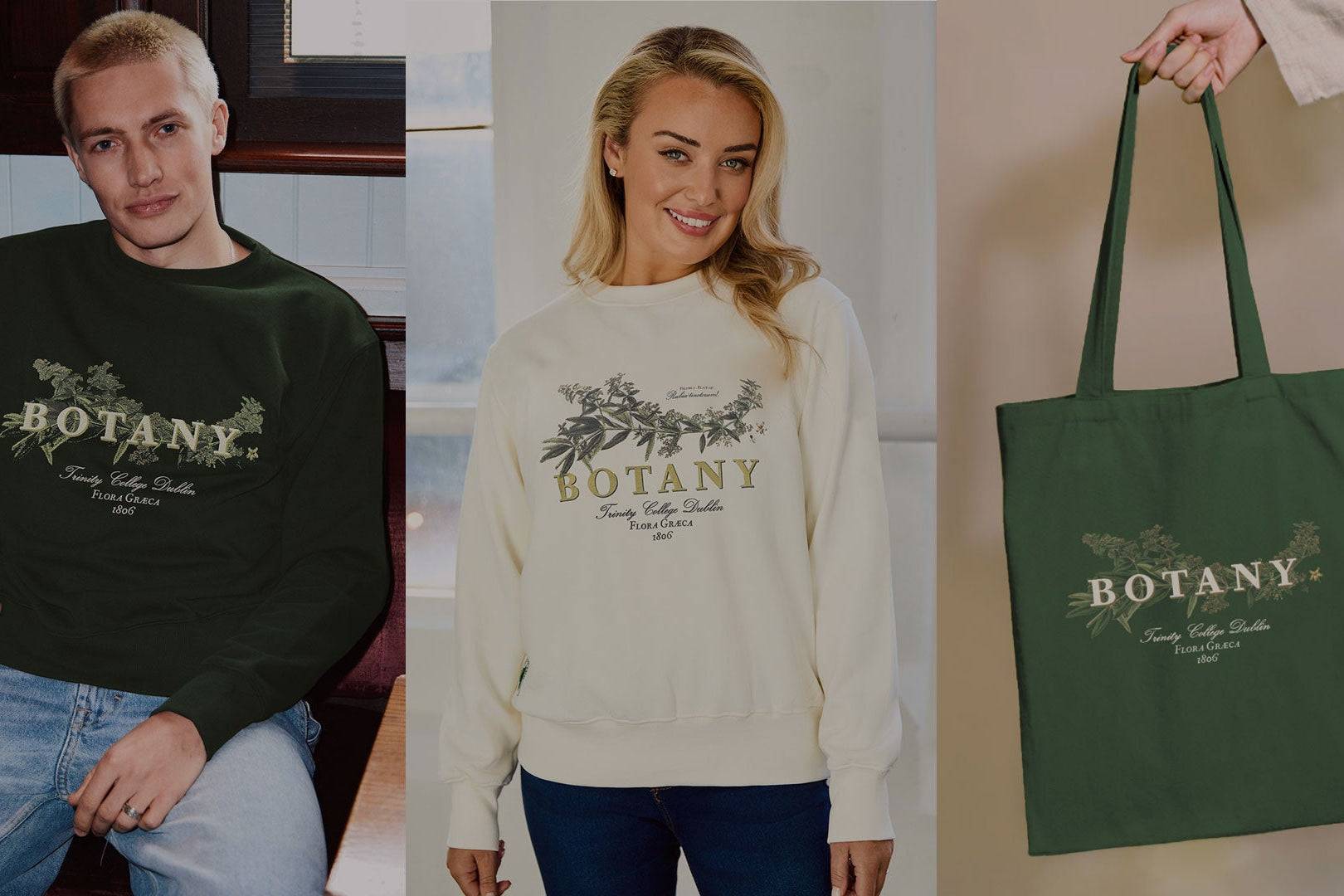 Three images showing a person wearing a sweatshirt with 'BOTANY' text, another person in a white sweatshirt with 'BOTANY' text, and a green tote bag with 'BOTANY' text.